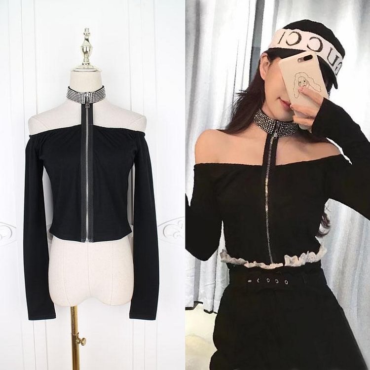 Black Elegant Choker Zipper Top SP1811908
