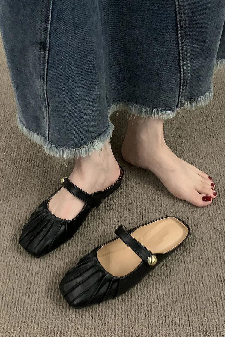 Square Toe Pleated Metallic Decor PU Leather Sandals
