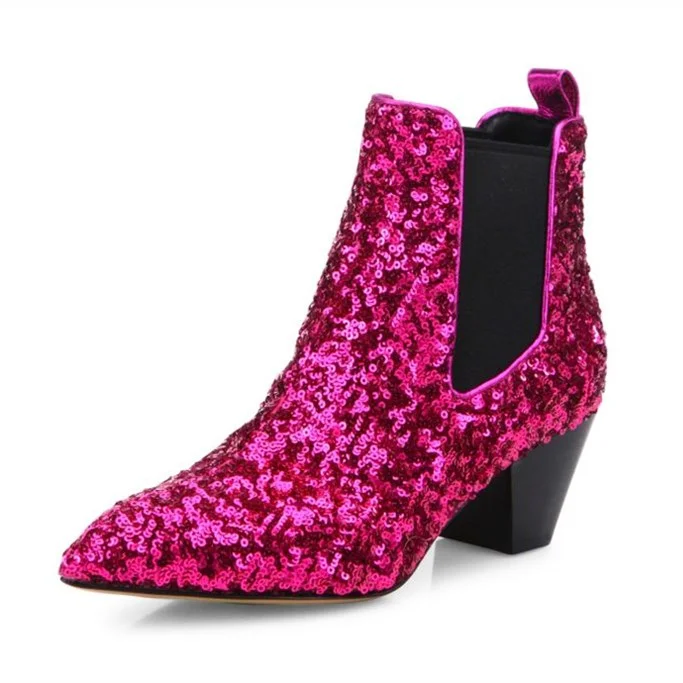 Fuchsia Sequin Chelsea Boots Pointy Toe Block Heel Ankle Boots |FSJ Shoes