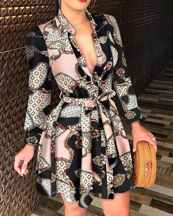 Long Sleeve V-neck Tie Fashion Sexy Printed Dress - Chicaggo