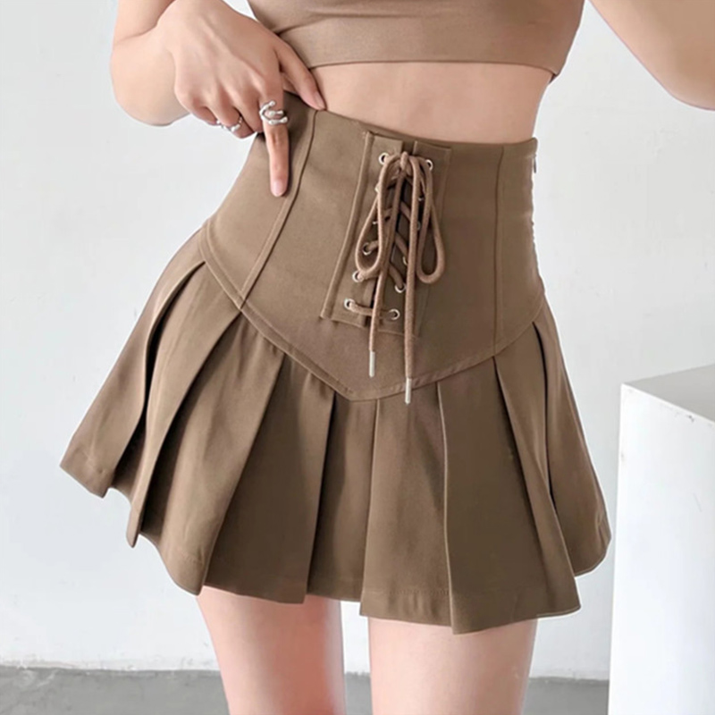 Fashion Lace Up High Waist Pleated Skirt