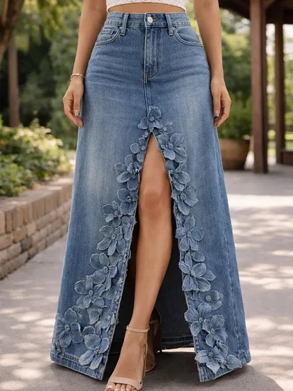 Women's Retro Floral Stylish Art Casual Denim Skirt