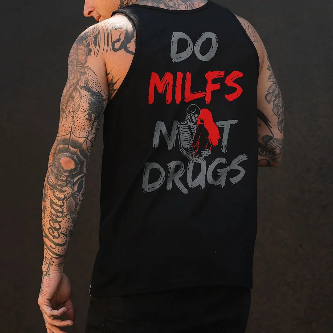 DO MILFS NOT DRUGS Skull with Sexy Lady Black Print Vest