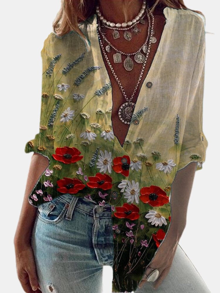 Casual Floral Printed Stand Collar Button Long Sleeve Shirt P1776952