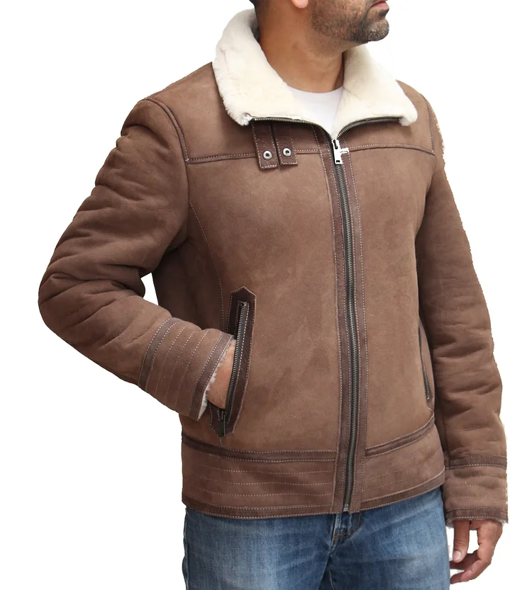 Mens Real Leather Brown/Taupe with Cream Double Faced Sheepskin Straight Zip Pilot Style Jacket