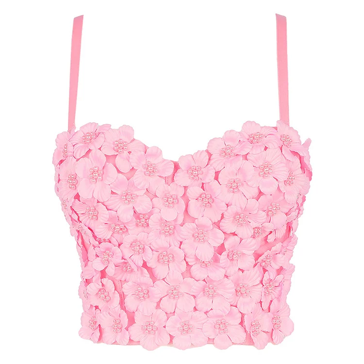 1950s Pink Party Handmade Floral Beads Cami Tops