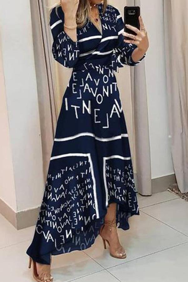Asymmetrical Letter Print V-Neck Maxi Dress P10060