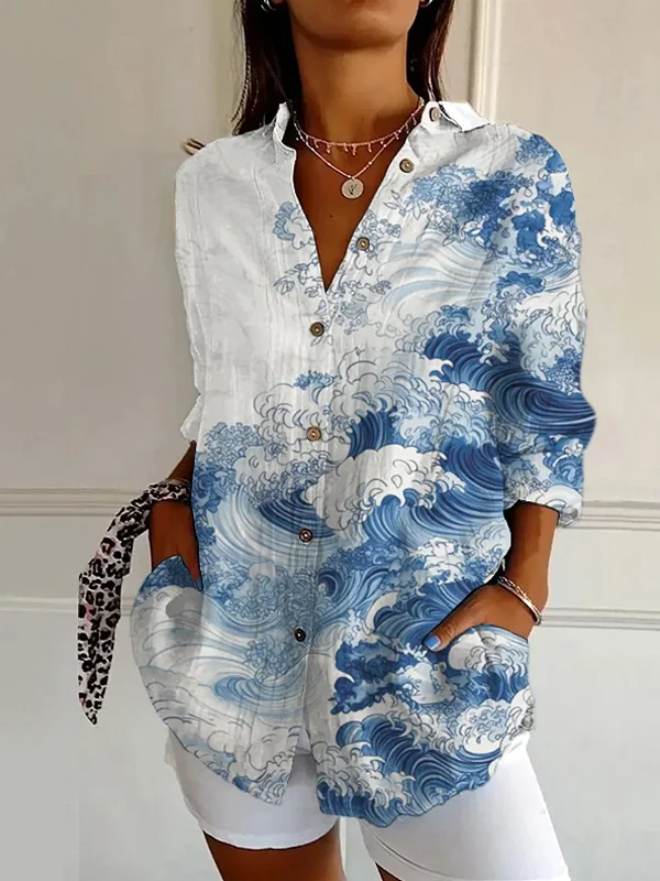 Women's Waves Watercolor Art Print Long Sleeve Shirt