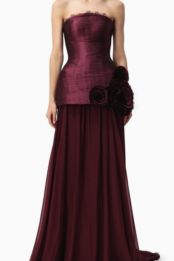 Jujube Red Chiffon Strapless Sleeveless Long A-Line Prom Dress With Pleated And Flowers | WQ0626 Wellcucu