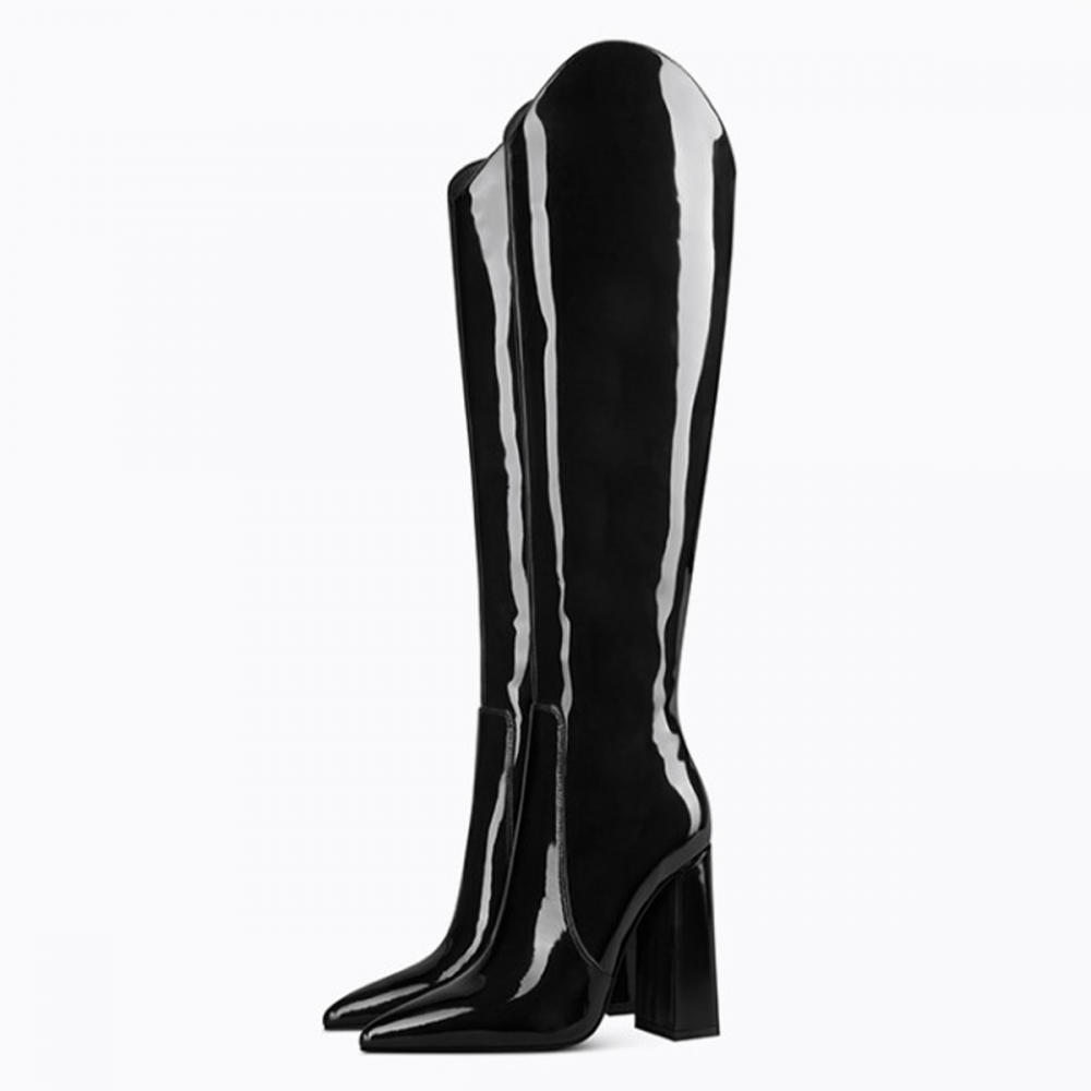 Black Knee High Boots with Chunky Heels in Sleek Patent Finish Nicepairs