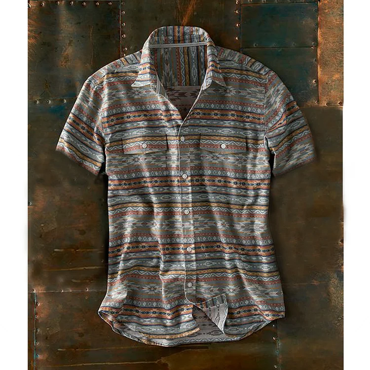 Men's casual retro plaid striped short sleeve shirt