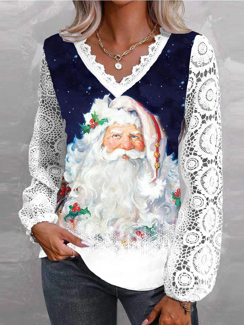 Women Long Sleeve V-neck Santa Claus Snowflake Printed Lace Christmas Tops