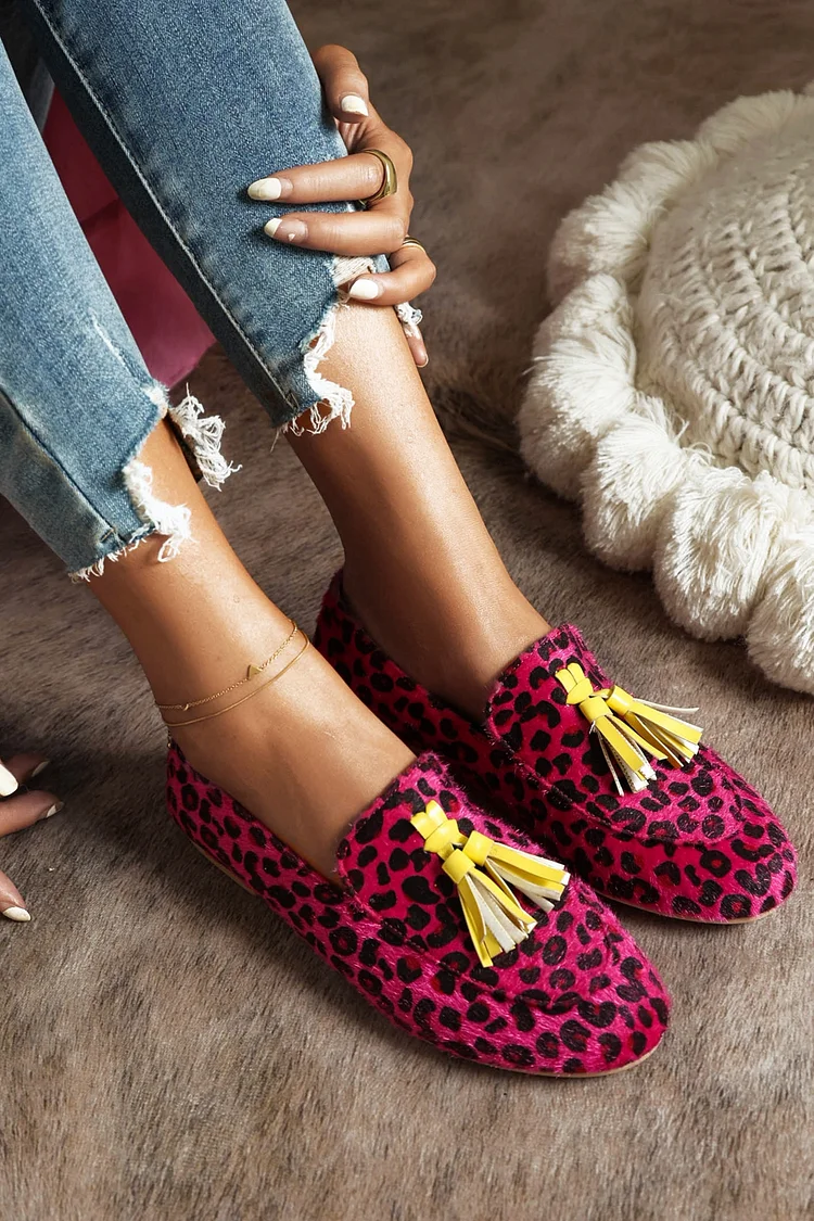Leopard Print Colorblock Fringed Trim Casual Flat Loafers
