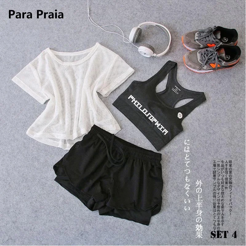 Sport Wear Three Piece Yoga Set Sport Shirt for Women Sports bra Fitness Flare Pants Leggings Tracksuit Gym Leggings 15 Colours