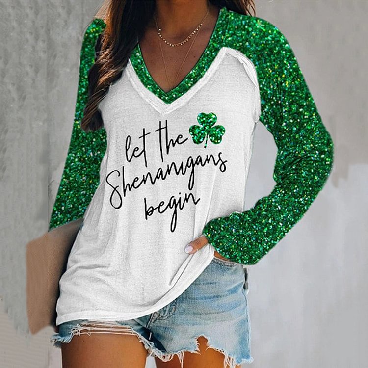 VChics Women's Let The Shenanigans Begin Glitter Shamrock Print T-Shirt