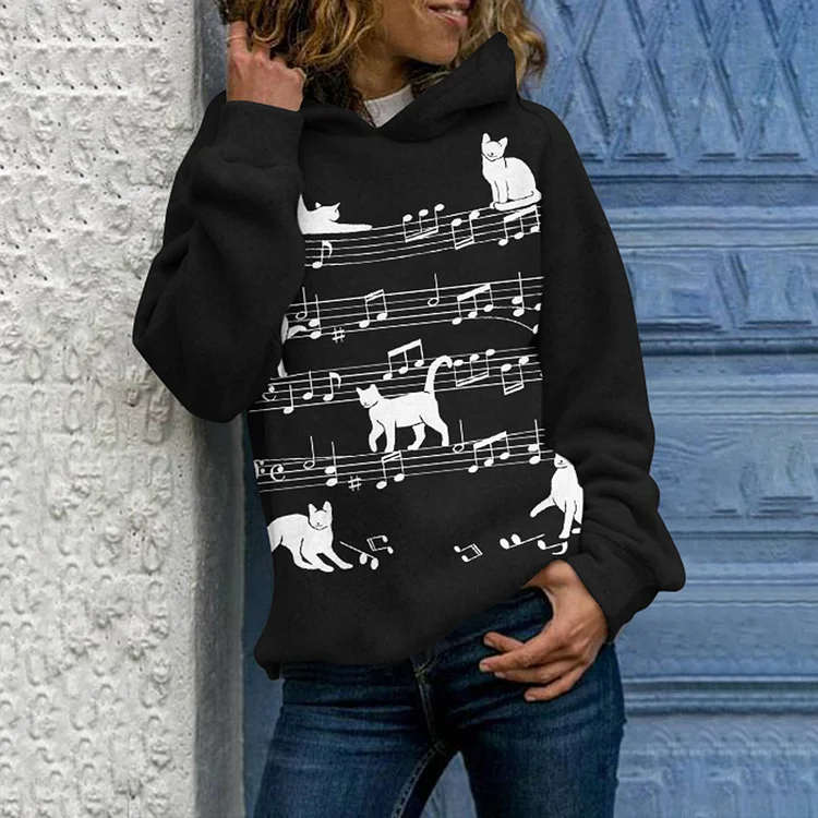Vefave Hooded Cat Music Notation Long Sleeve Hoodie