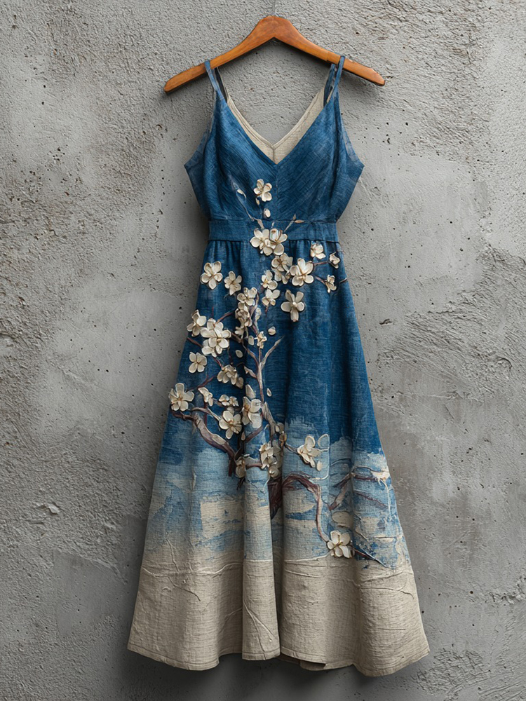 Women's Cherry Blossoms Embroidery And Waves Art Linen Suspenders Dress