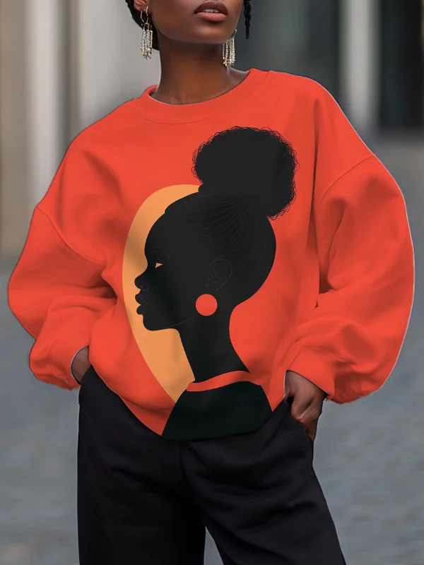 Women's Black Woman Portrait Geometric Art Print Casual Sweatshirt