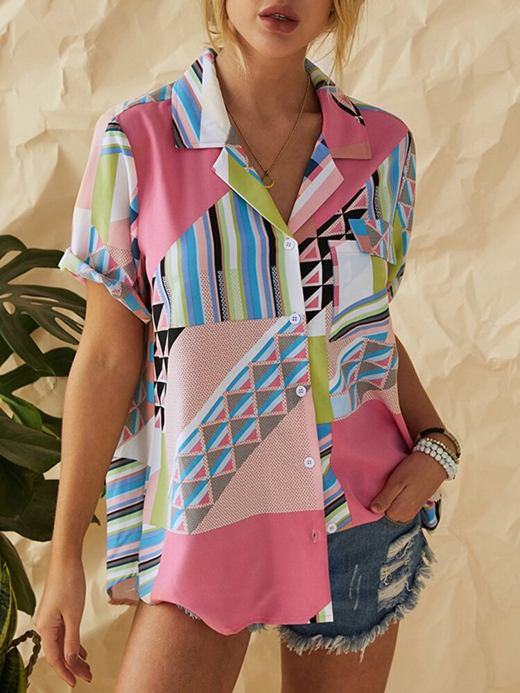 Geometric Striped Printed Patchwork Lapel Shirt With Pocket P1673989