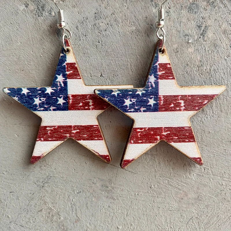 American Flag Cactus Wood Western Earrings