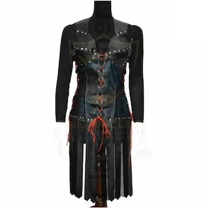 pornhint Pornhint Women Black gothic dress Leather Steampunk Costume long sleeves Red Lacing Top