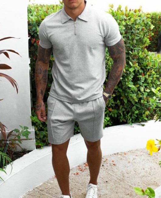 Solid Color Lapel Half Zip Pocket Shorts Set