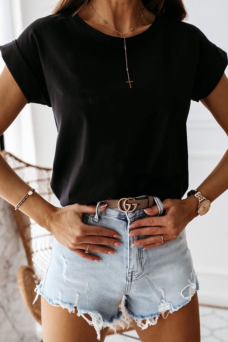 Fashion Casual Solid Split Joint O Neck T-Shirts - Life is Beautiful for You - SheChoic