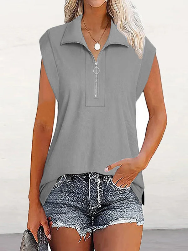 Women's Casual Zipper Sleeveless V-neck Button Down Shirt