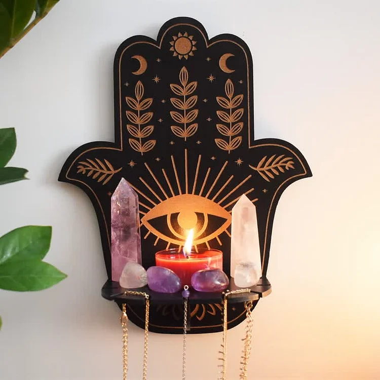 Olivenorma Hamsa Hand Floral Sun and Moon Altar Crystal Shelf