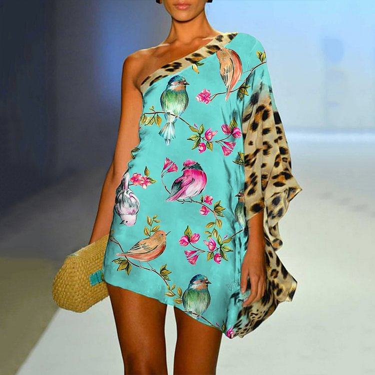 Bird-Paneled Leopard Mini Dress