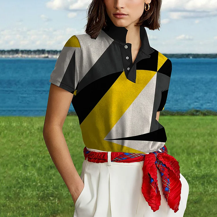 Vefave Simple Colorblock Print Short Sleeve Polo Shirt