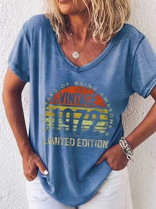 Women's V-Neck Vintage T-Shirt 50 Years Old Gift 1972 Limited Edition 50th Birthday Top socialshop