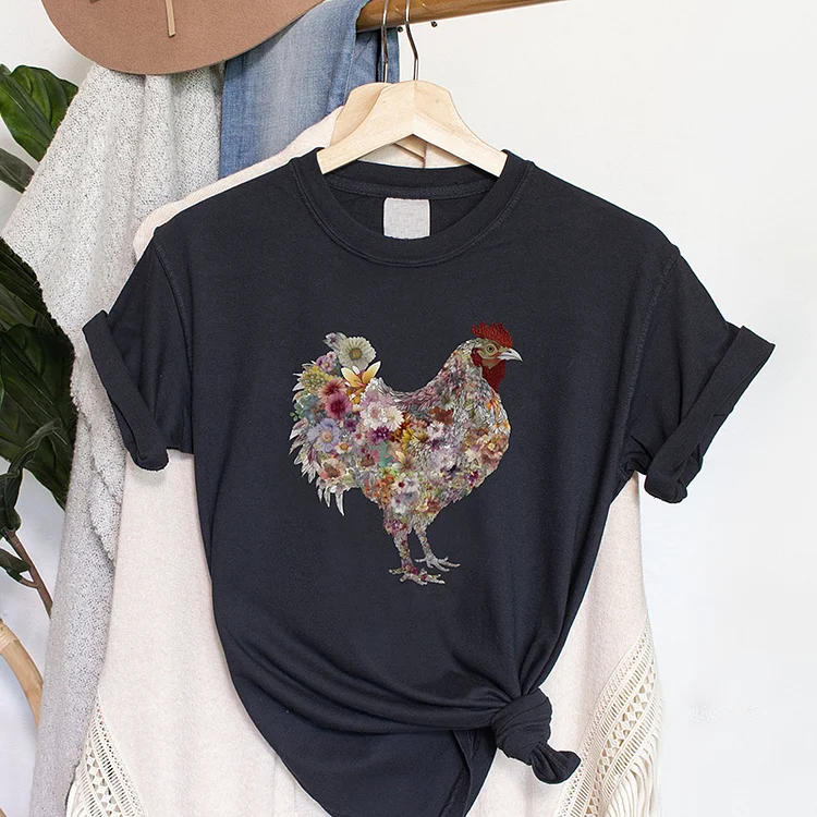 Comstylish Women's Retro Floral Chicken Farmer Casual T-Shirt