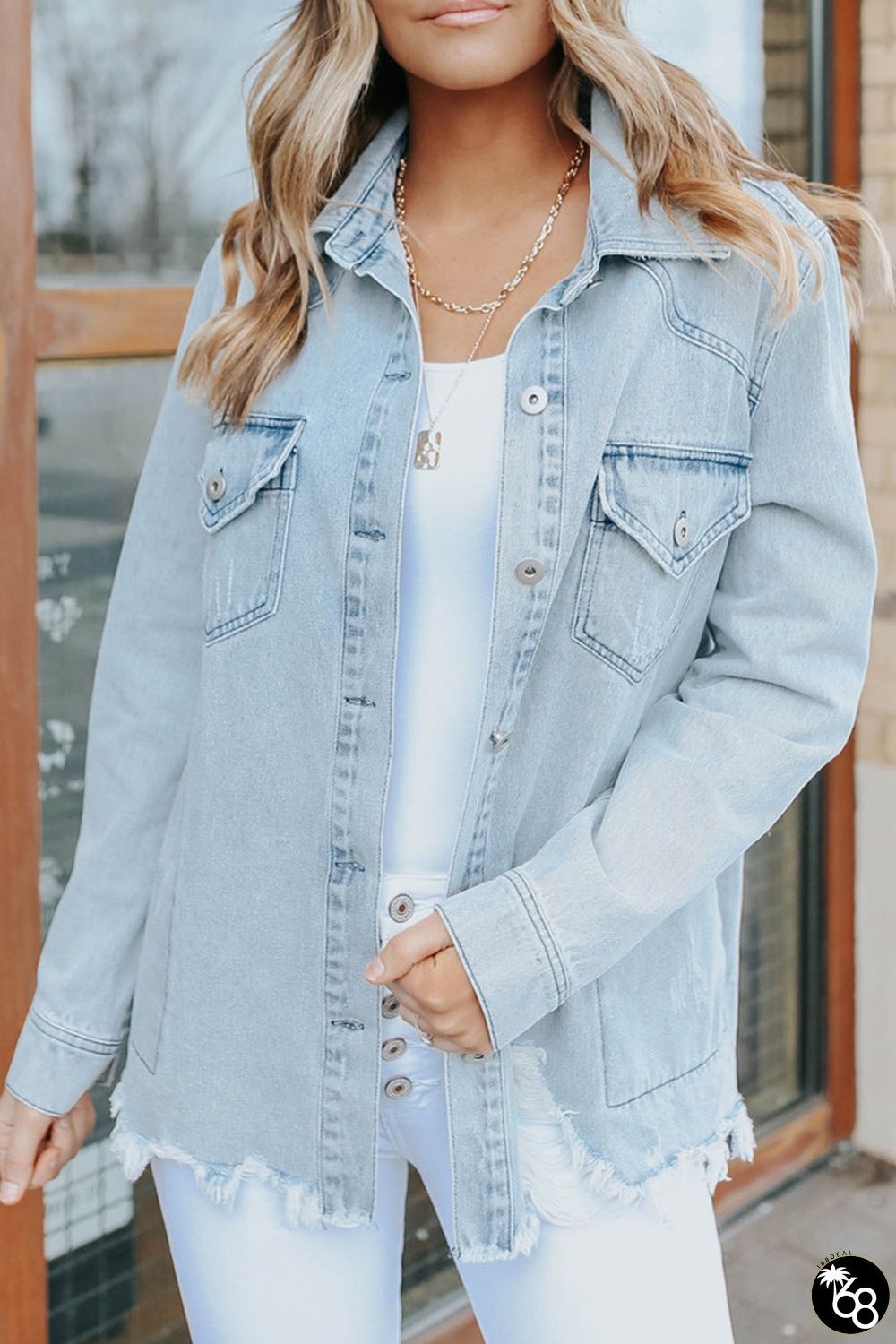 Sky Blue Flap Pocket Buttoned Raw Hem Denim Jacket | 168DEAL