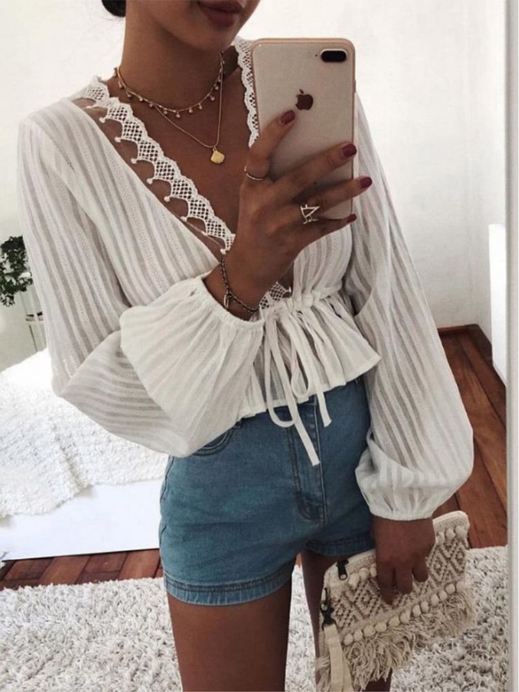 Sexy Waist Tie Long Sleeve Blouses P14702
