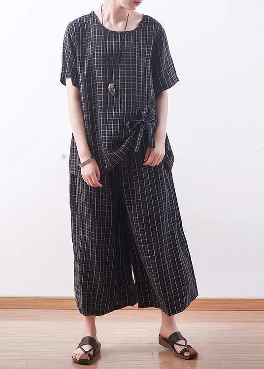 summer casual black plaid silk loose t shirt with women wide leg pants two pieces