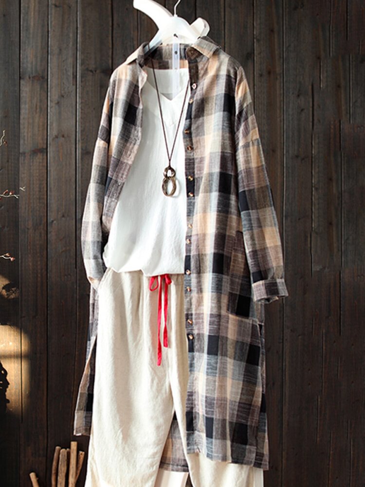 Linen Plaid Long Sleeve Turn down Color Blouses P1351689