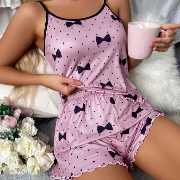Casual Dots Love Pattern Cami Pajamas Tops & Shorts 2 Pcs Set