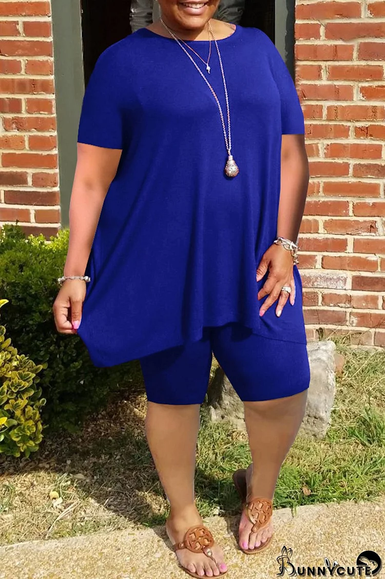 Blue Fashion Casual Solid Basic O Neck Plus Size Two Pieces