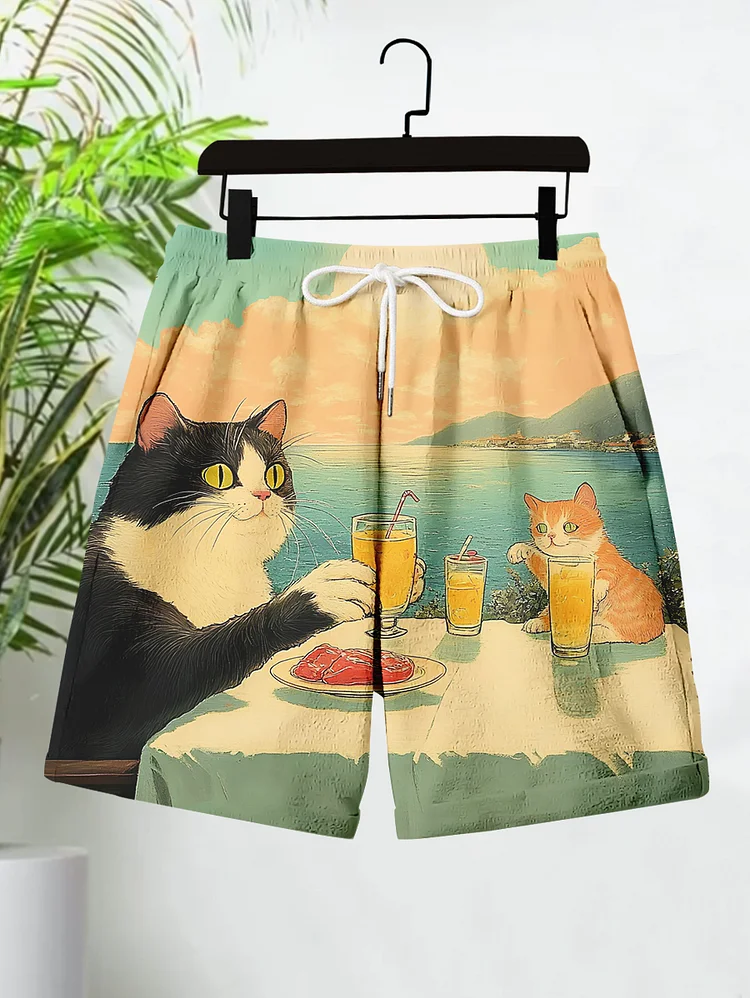 Men's Cat Hawaii Vacation Drinking Juice Print Casual Shorts