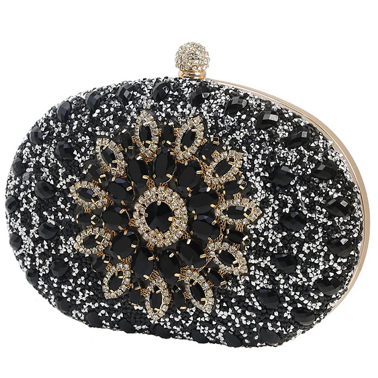 Banquet Sun Flower Circular Shape Rhinestone Clutch Bag-Black