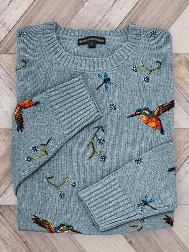 Hummingbirds Floral Embroidery Pattern Cozy Knit Sweater