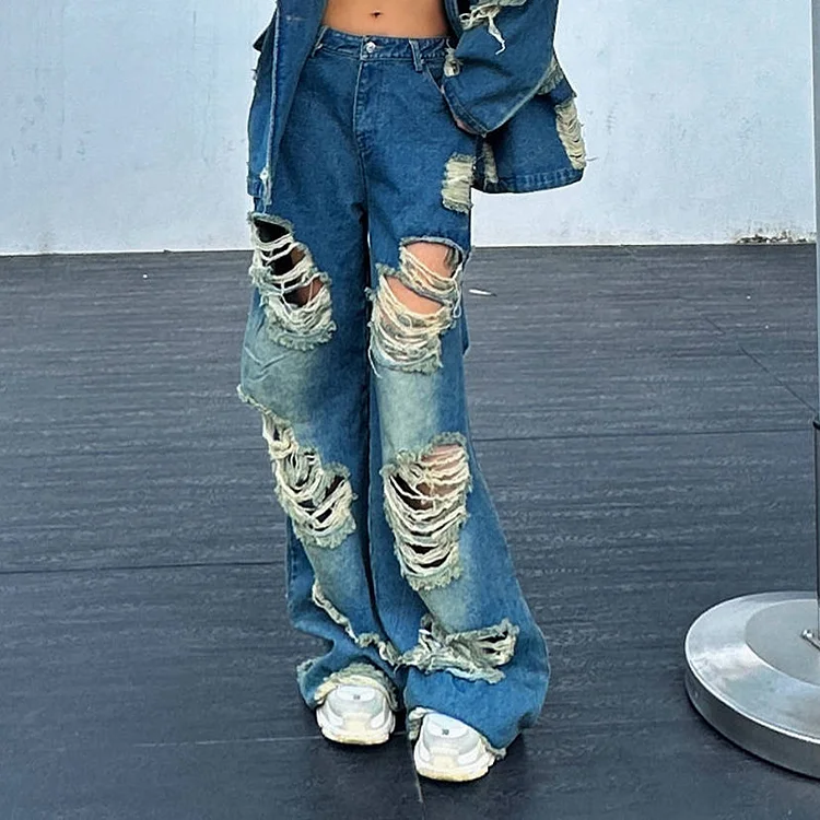 Special Ripped Straight Wide Leg Jeans
