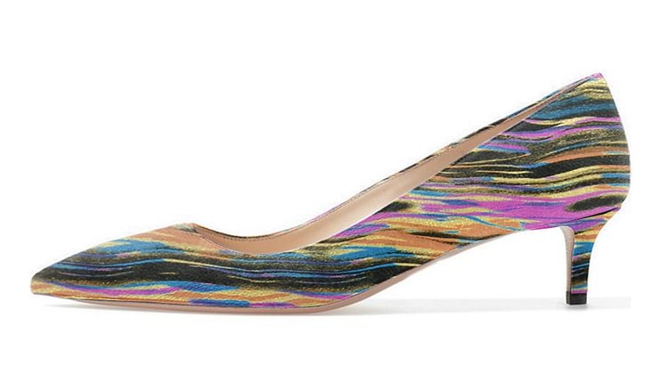Multi-color Dress Shoes Kitten Heels Colorful Stripes Pointy Toe Pumps |FSJ Shoes
