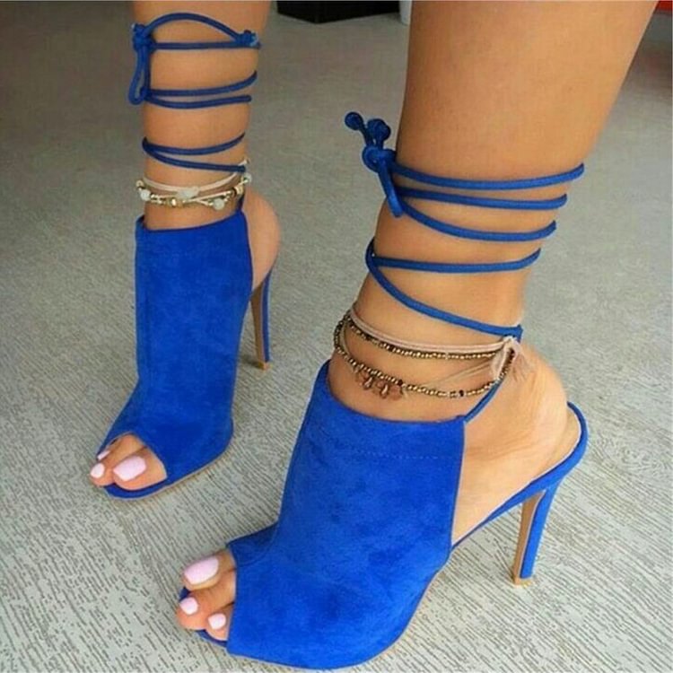 Royal Blue Peep Toe Strappy Heels Slingback Summer Boots |FSJ Shoes