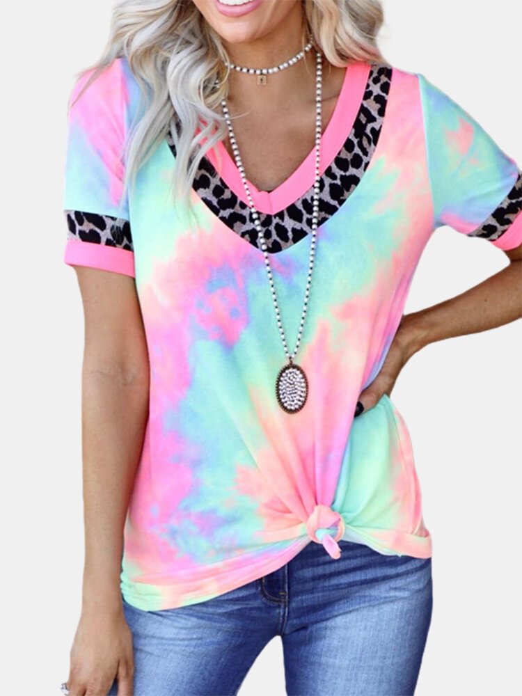 Women Leopard Patchwork Tie dye Short Sleeve V neck Casual T Shirt P1795549