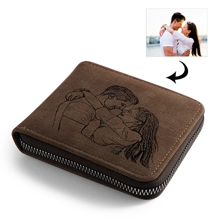 Men Women Photo Wallet Personalized With Zipper Short Style Brown Leather