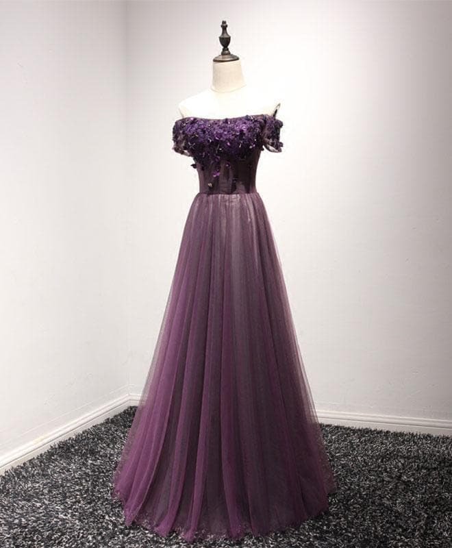 Purple Tulle Lace Off Shoulder Long Prom Dress, Purple Evening Dress