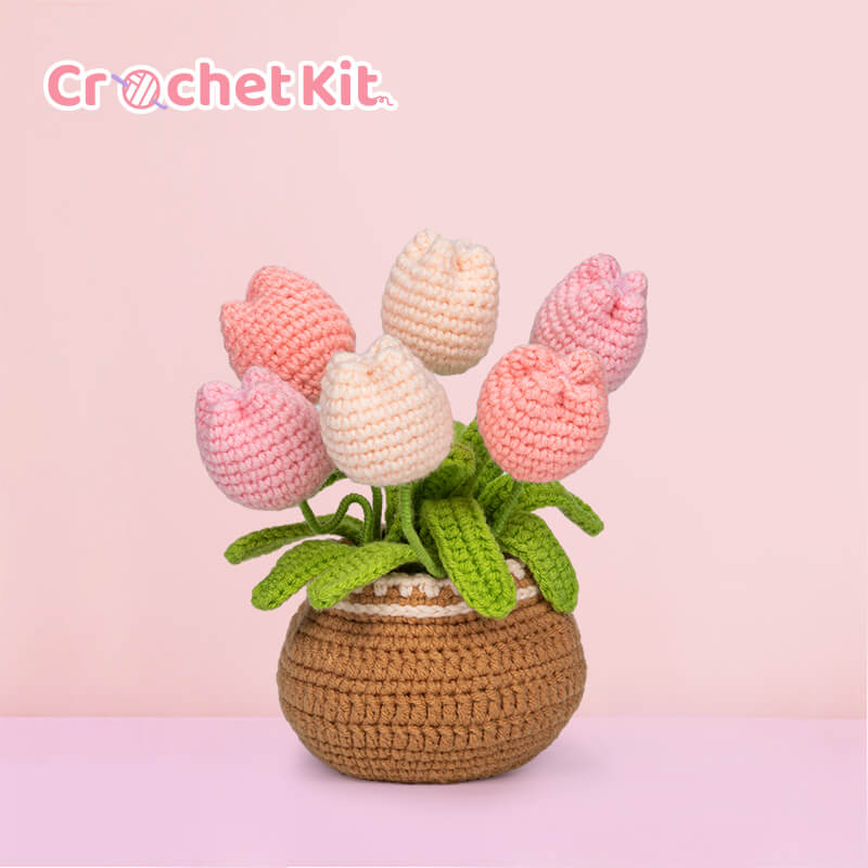 Handmade Woolen Yarn Crochet Flower Kit Tulip Potted Flower Beginner