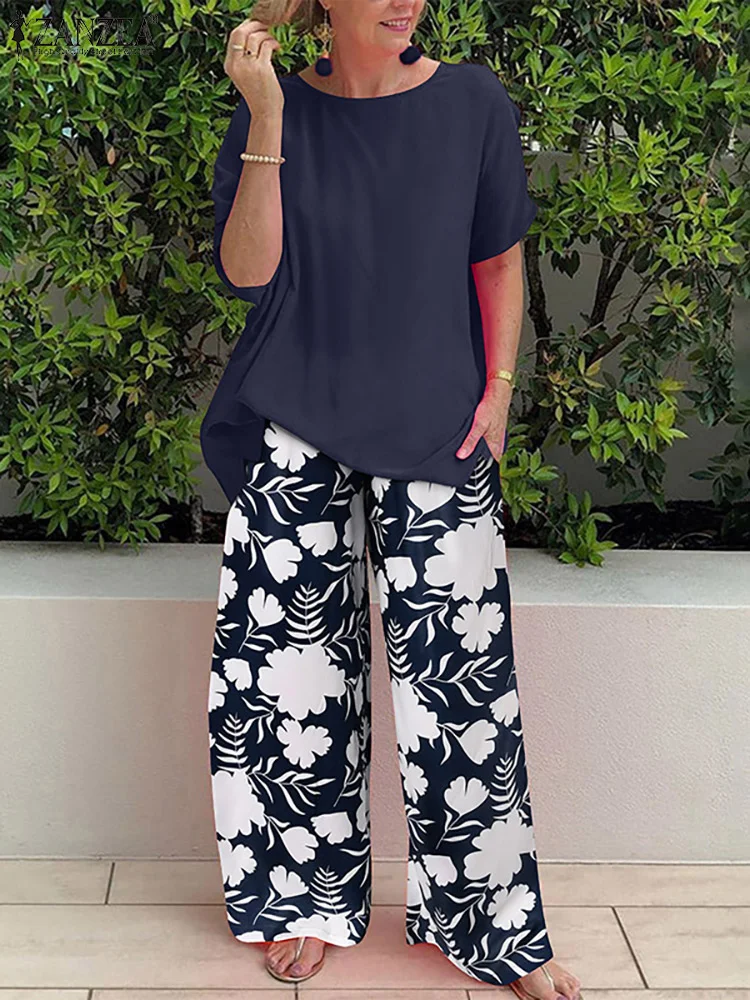 2pcs Women Bohemian Tracksuit Outifits Fashion Summer Casual Beach Matching Sets Loose Floral Printed Wide Leg Pants Sets VangoghDress
